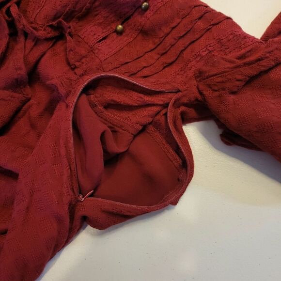 Coco + Jaimeson Maroon Pintuck Lace Detail Long Sleeve Boho Midi Dress - Picture 7 of 13